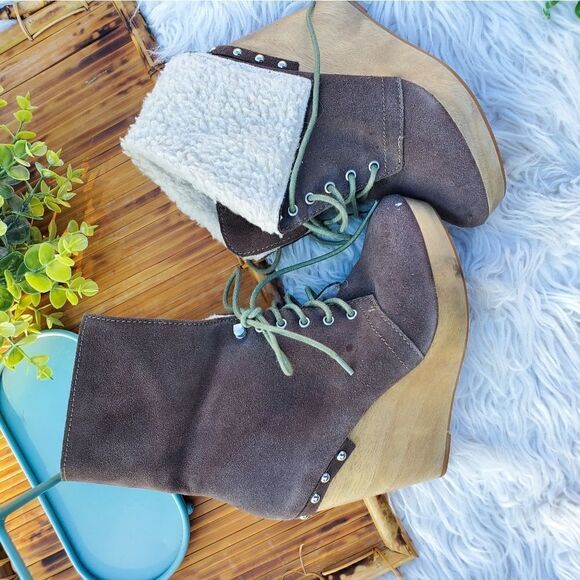Naughty Monkey Taupe Suede Round Toe  Leather Fleece Foldover Wedge Heel Boots - Picture 6 of 12